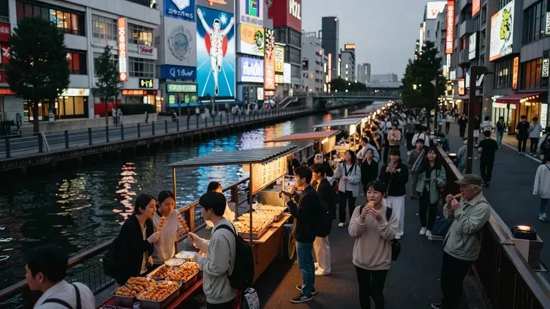 Dotonbori canal promenade in Osaka at dusk, takoyaki stalls visible on the street, osaka street food tour area, neon signs overhead